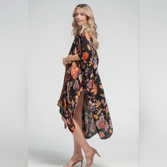 Bohemian Moroccan & Floral Print Kimono w/ Side Slits - Rich Deep Colors - Picture 3 of 5
